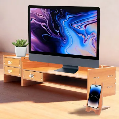 Support d'écran avec tiroirs, aspect bois – image 2